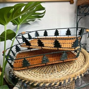 Lot of 2 vtg rattan/metal Christmas deco serving trays